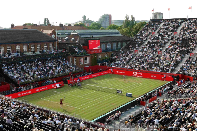 The Andy Murray Arena from high in the stands during the women’s week, the Members’ Clubhouse beyond. The Queen’s Club Championships, The Queen’s Club, London, June 2025, in the season calendar of The Mansa Court