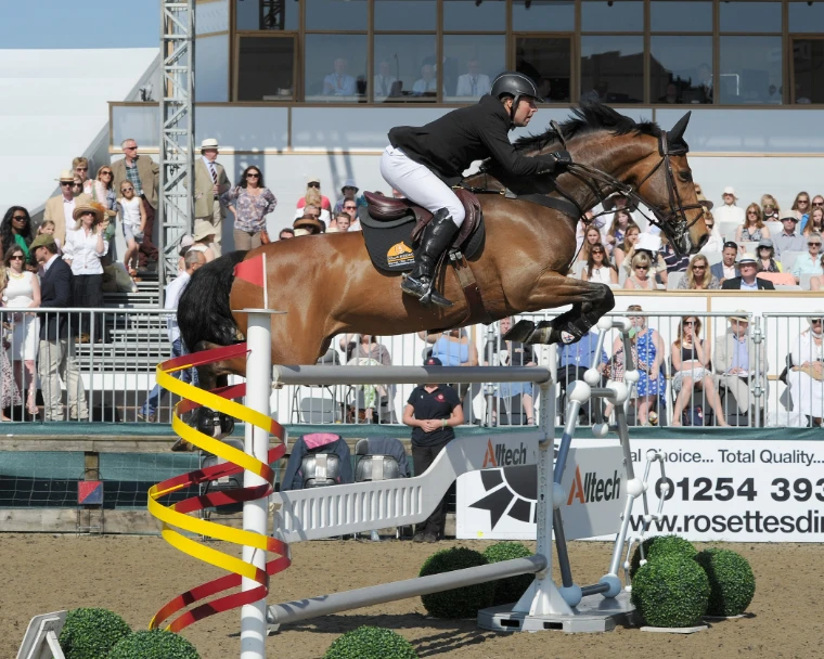 A bay horse soars over a spiralled upright before a sunlit grandstand of spectators in summer hats. The Royal Windsor Horse Show in the Home Park, Windsor, in the season calendar of The Mansa Court