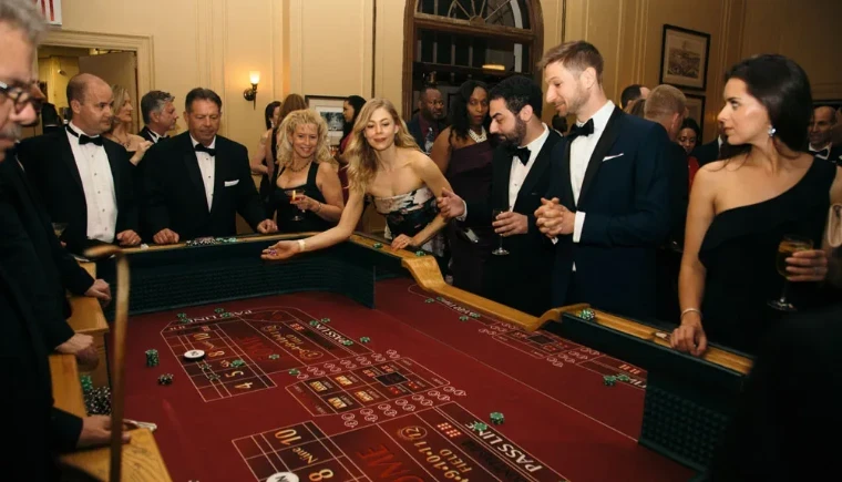Guests in black tie around the craps table as a guest throws the dice at The Sailors Ball in New York, an April engagement in the season calendar of The Mansa Court