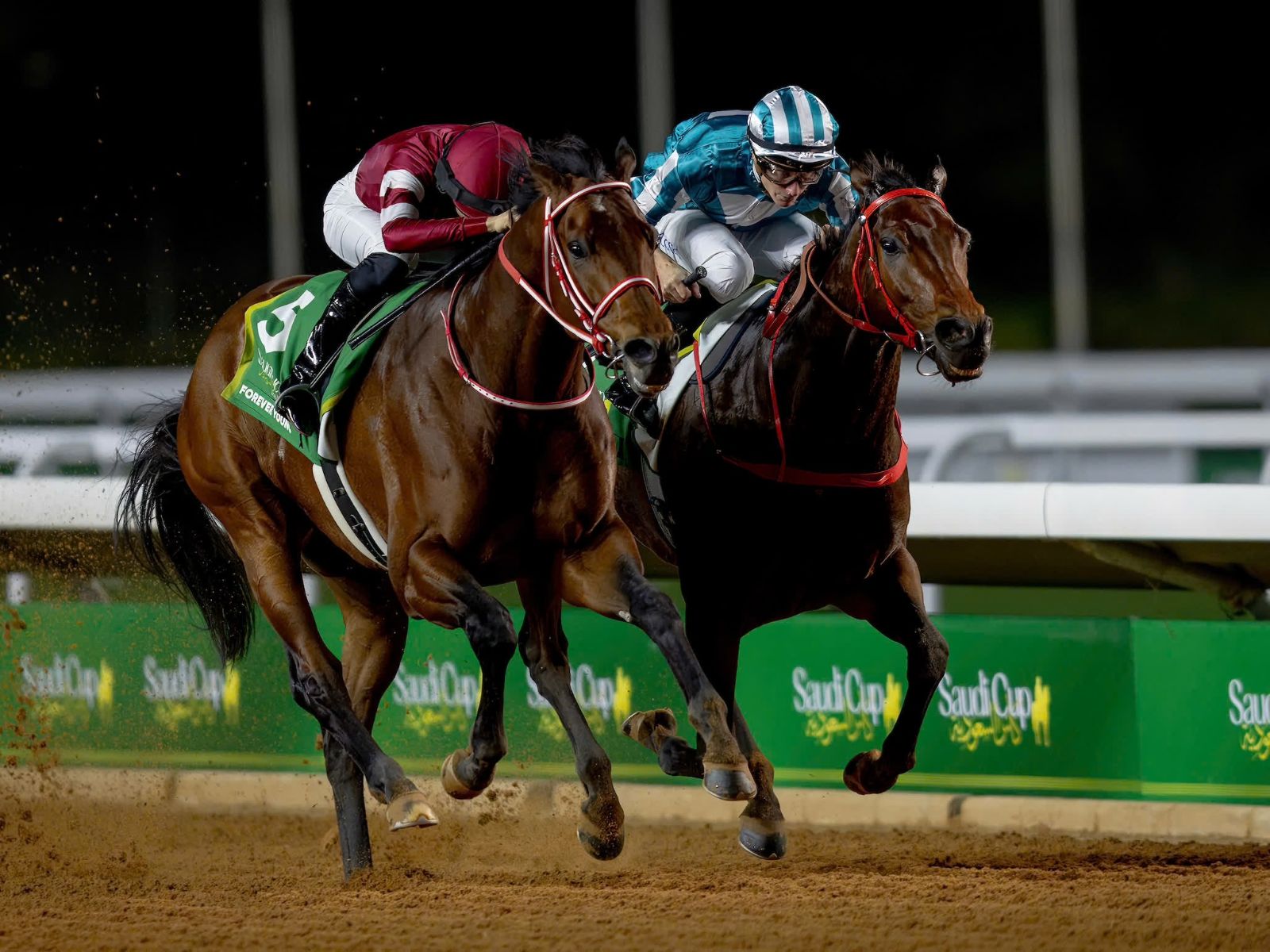 Two colts locked together in the closing strides on the floodlit dirt at The Saudi Cup
