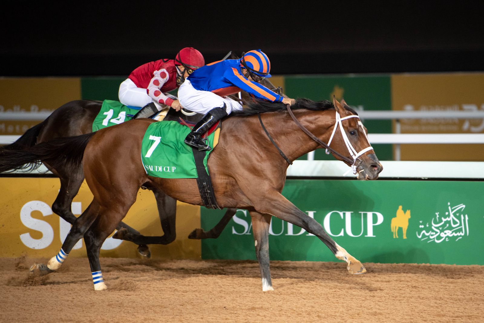 A bay colt in blue and orange silks driven out a length clear at the line on the Riyadh dirt at The Saudi Cup