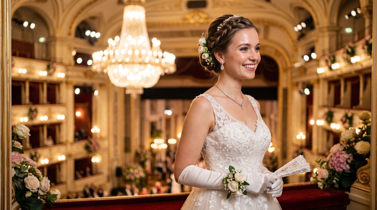 A debutante in a white gown and long gloves at the balustrade before the chandelier of the opera house at The Vienna Opera Ball